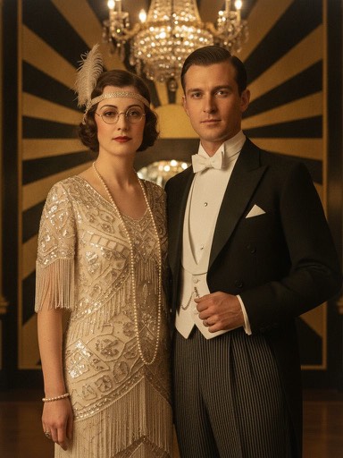 A couple in a gold and black Art Deco ballroom